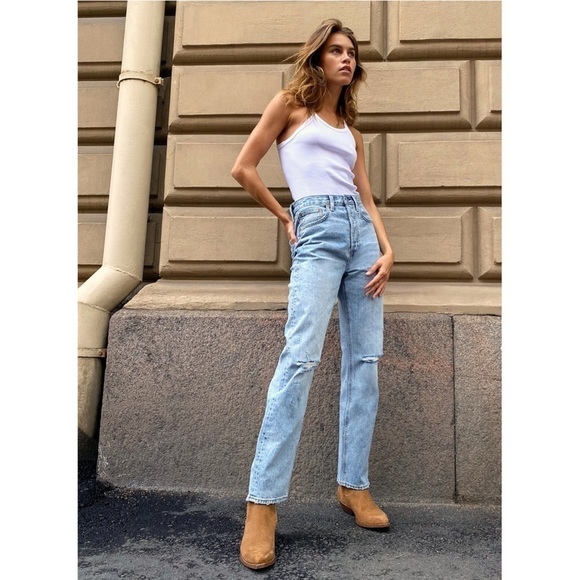 Denim Forum | Joni High Rise Loose Jeans Size 23 Distressed Light Wash Aritzia - Picture 1 of 12